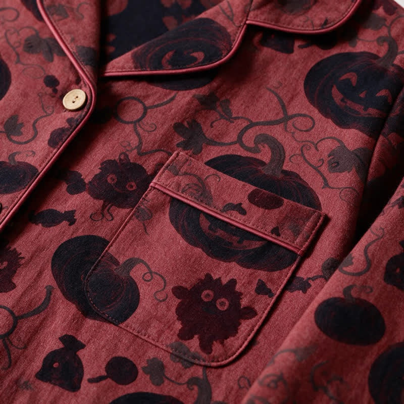 Pompoen Monster Pyjamaset Heren | Knoopsluiting | Rood met Zwart