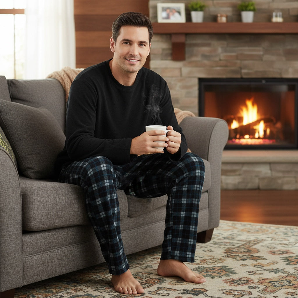 Fleece Pyjama Heren met Geruite Broek | Zwart