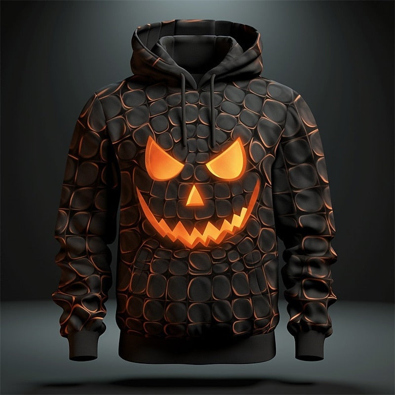 Zwarte hoodie met oranje pompoengezicht print, gedragen op paspop | Boutique Moda