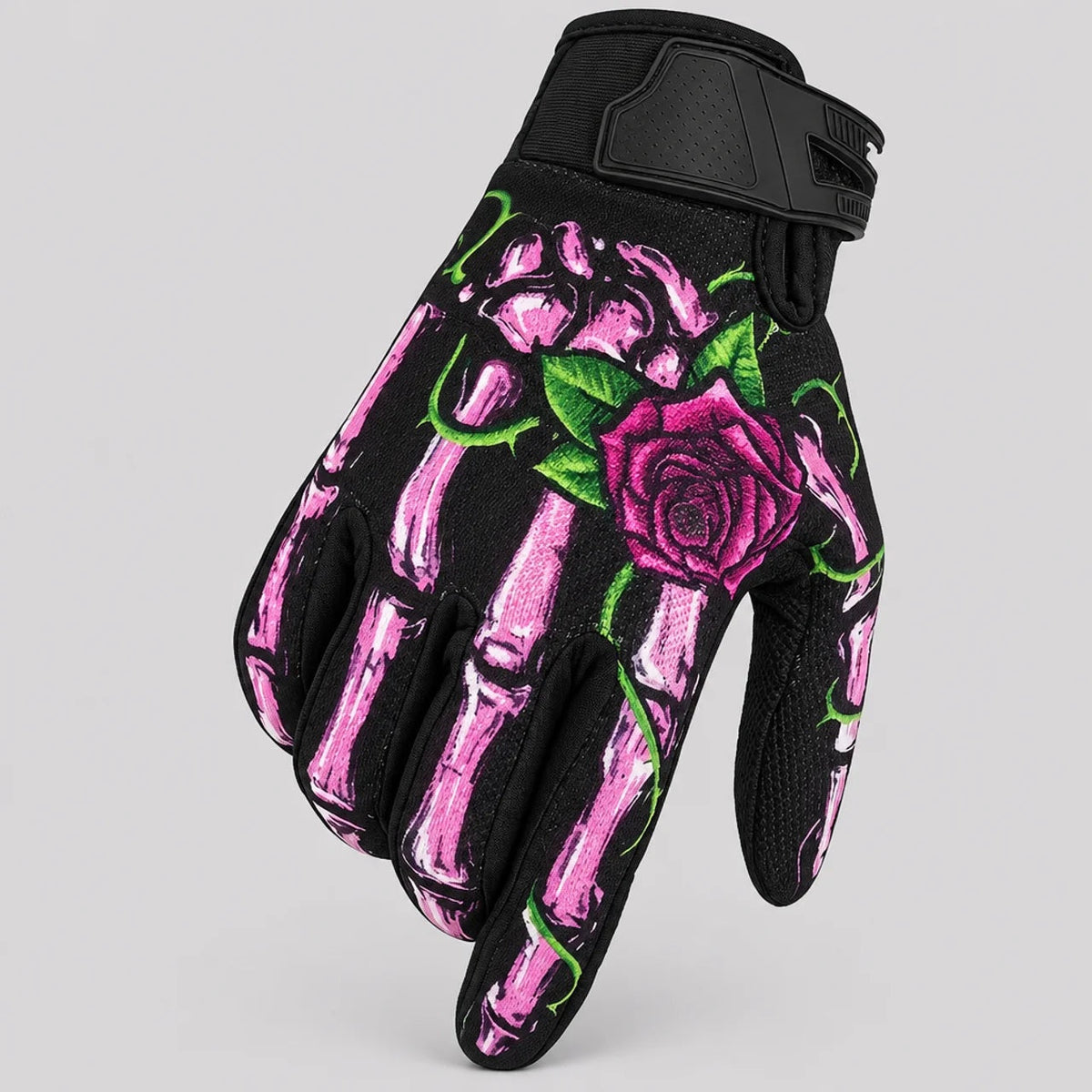 Zwarte handschoen met roze skeletprint en roos, los liggend getoond | Boutique Moda