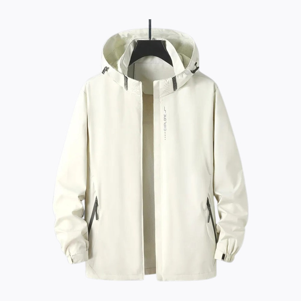 Crèmekleurige wandeljas met capuchon, getoond op onzichtbare mannequin | Boutique Moda