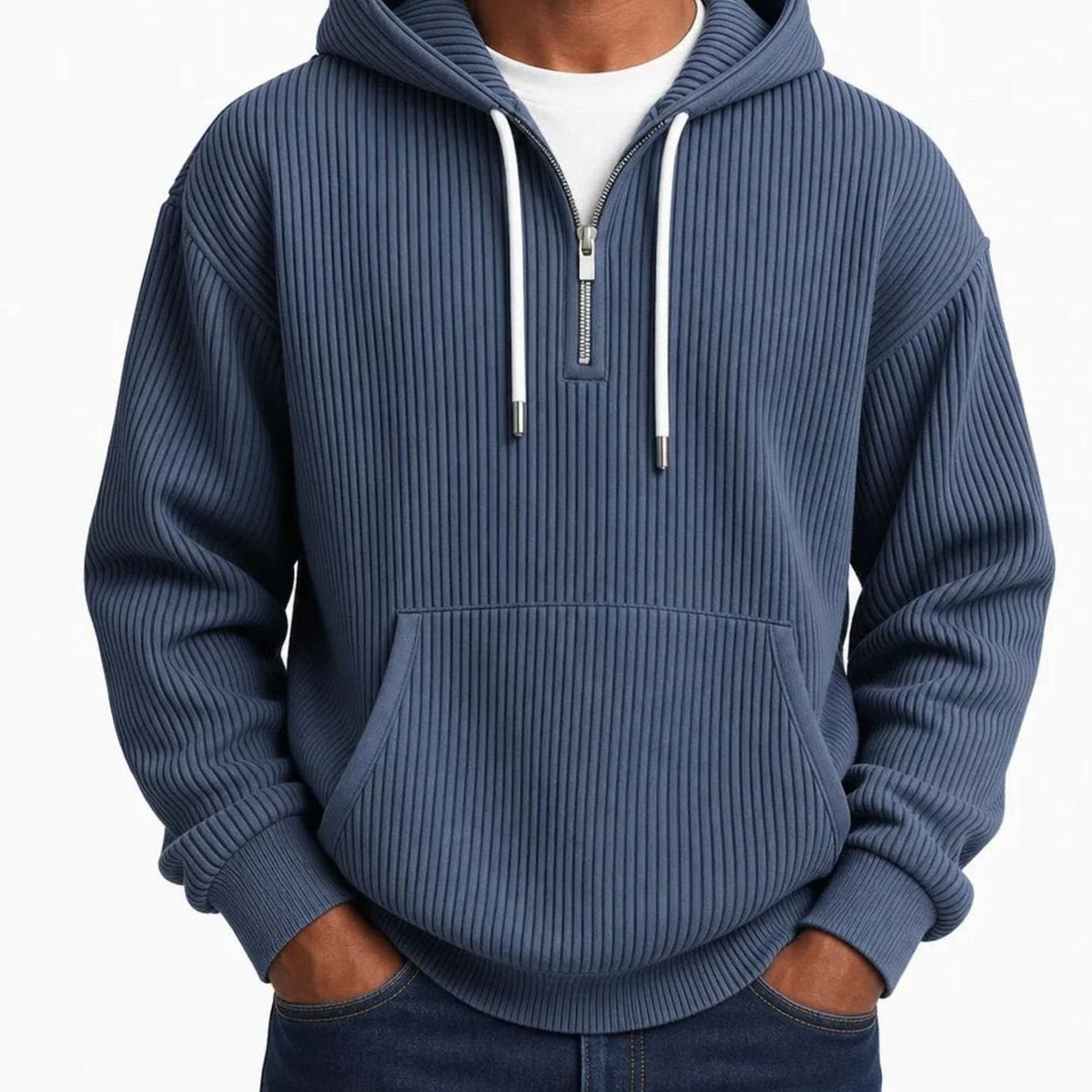 Geribde Half Zip Hoodie Heren | Witte Koorden | 6 Kleuren