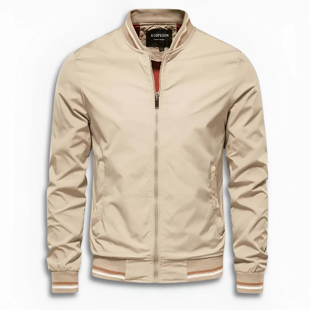Beige bomberjack met opstaande kraag en gestreepte boorden, platgelegd getoond | Boutique Moda