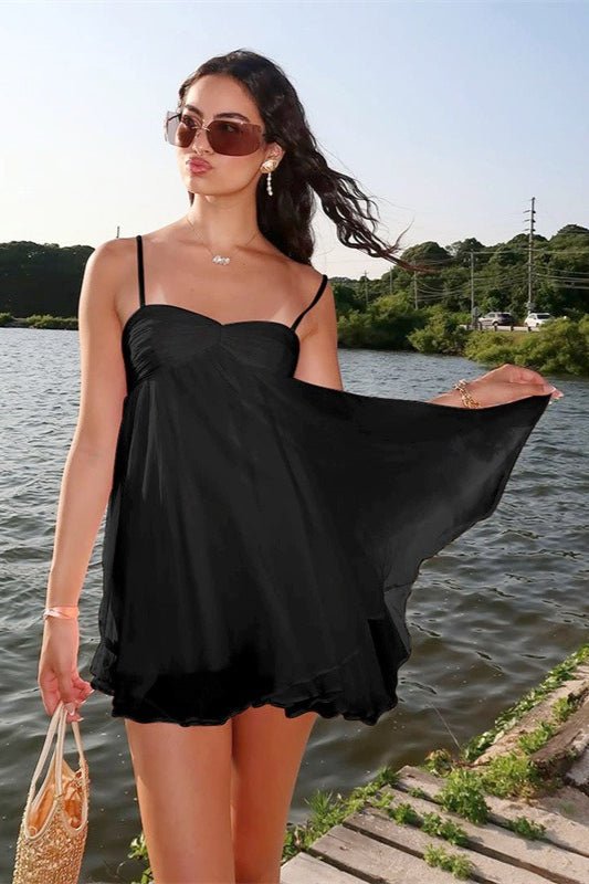 Mini Jurk Dames | Chiffon | Spaghettibandjes | Ruches-Boutique Moda