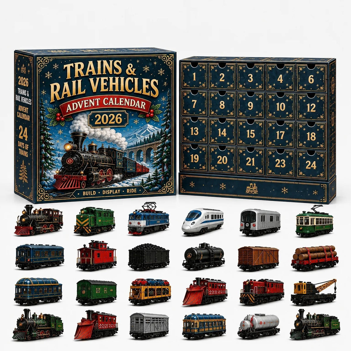 Adventskalender met treinen, 24 vakjes en diverse miniatuur rail voertuigen | Boutique Moda
