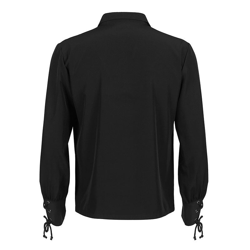 Zwart overhemd met lange mouwen, achteraanzicht met gevlochten koorddetail aan manchetten | Boutique Moda