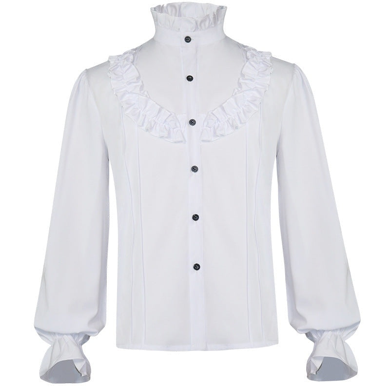 Wit ruche overhemd met hoge kraag, geplooide hals en manchetten, op mannequin | Boutique Moda
