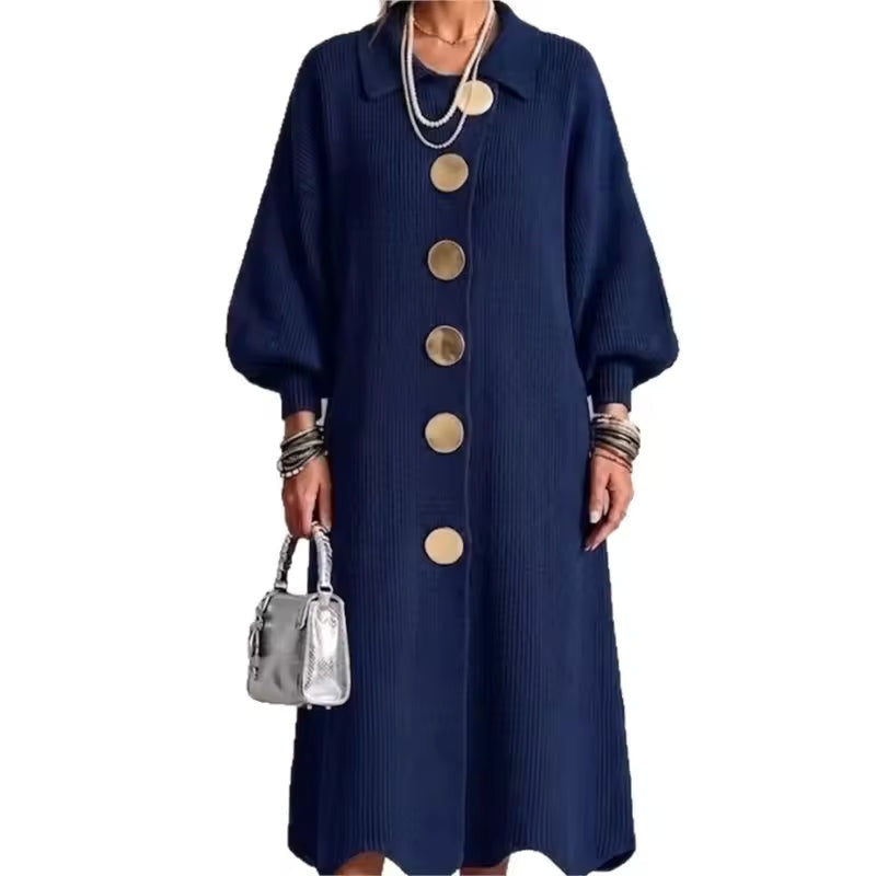 Gebreide Jurk Dames met Knopen | Ballonmouwen | Golvende Zoom | 7 Kleuren