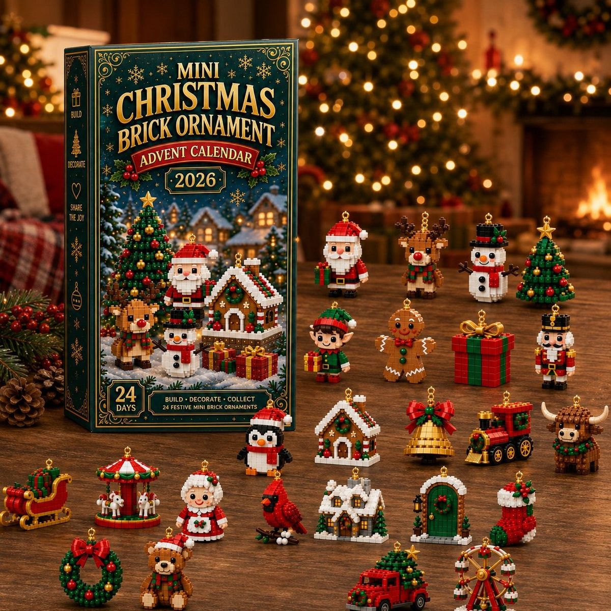 Adventskalenderdoos met 24 kleurrijke kerstfiguurtjes en ornamenten eromheen uitgestald | Boutique Moda