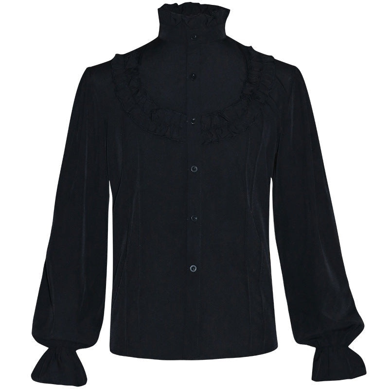 Zwart ruche overhemd met plooikraag, lange mouwen, op mannequin getoond | Boutique Moda