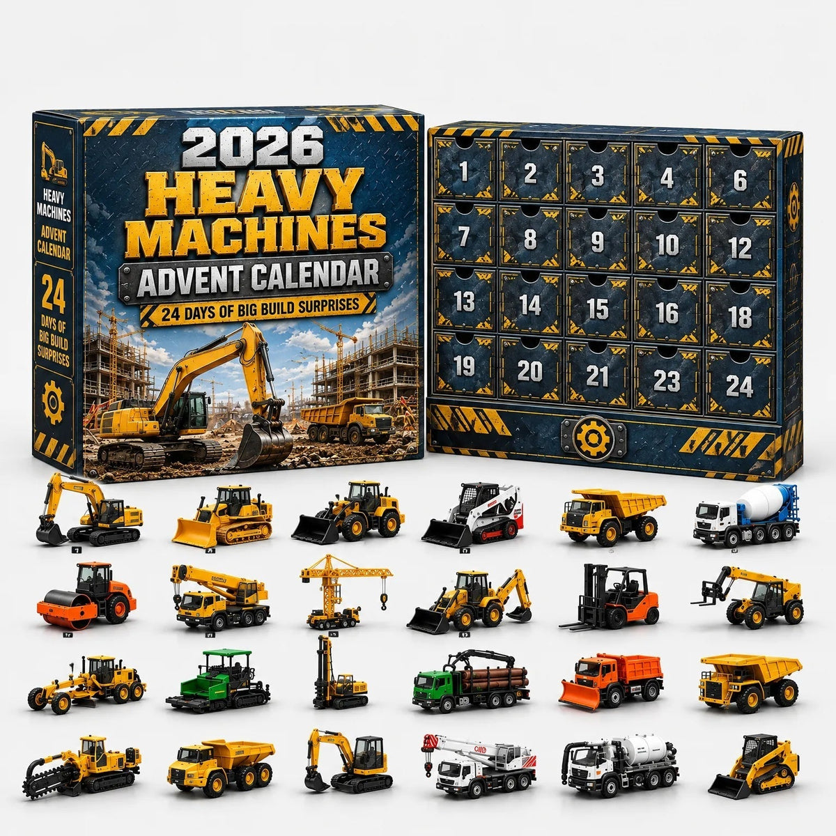 Adventskalender doos met 24 vakjes en bouwvoertuig speelgoed figuren | Boutique Moda