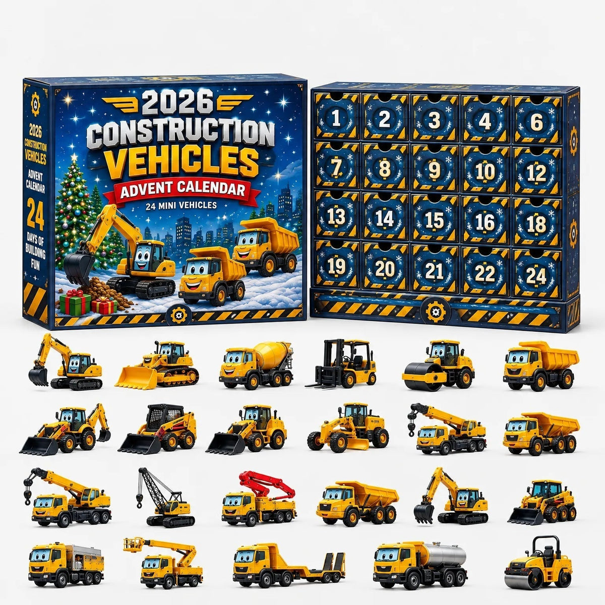 Adventskalenderdoos met 24 gele bouwvoertuigen miniaturen eronder uitgestald | Boutique Moda