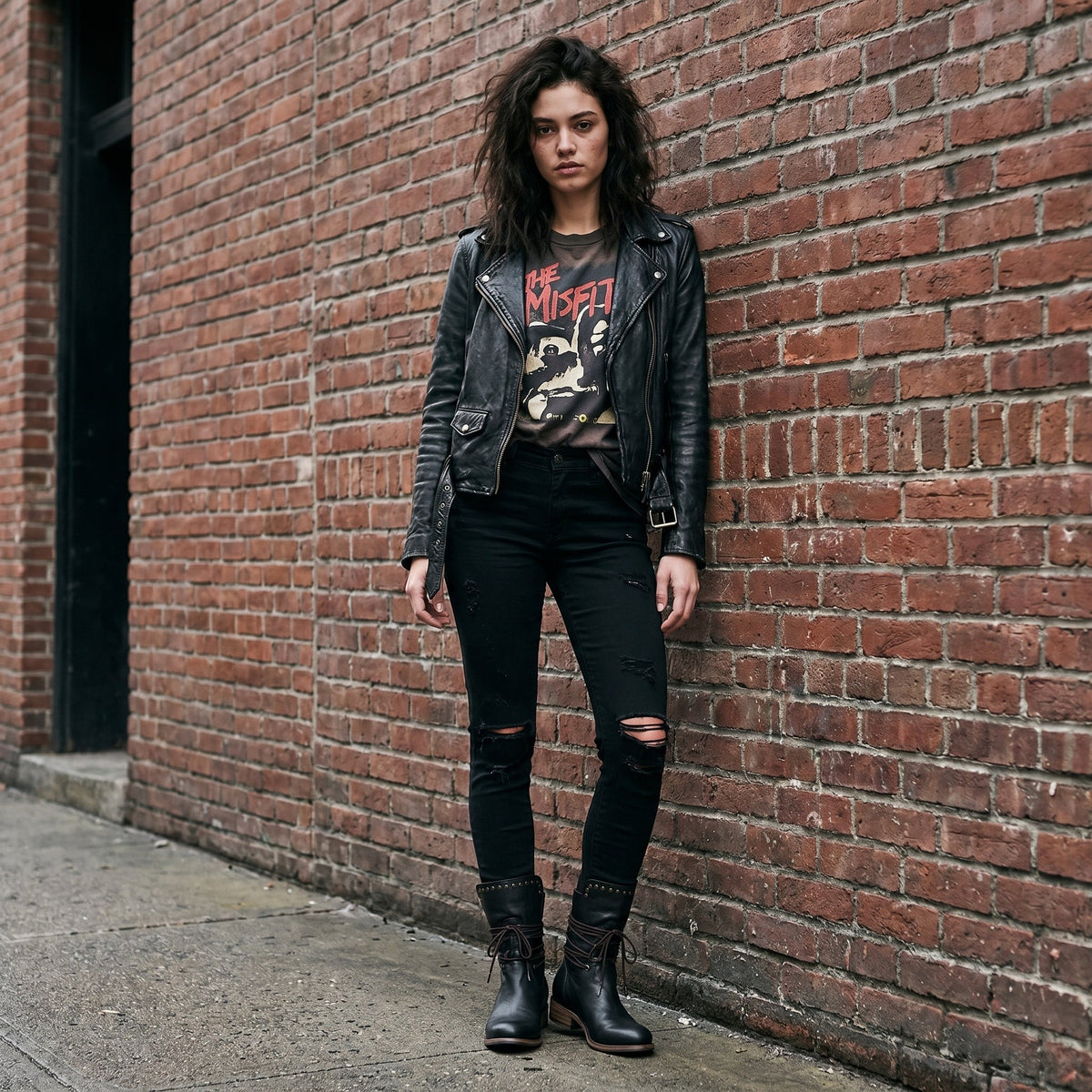 Zwarte halfhoge veterlaarzen met studs, gedragen door vrouw op straat | Boutique Moda