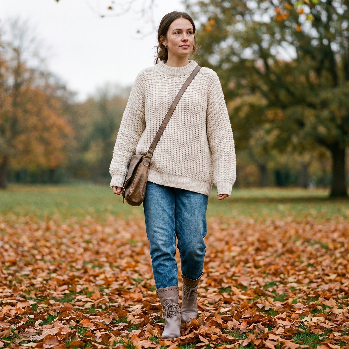 Beige halfhoge veterlaarzen met studs, gedragen door vrouw tussen herfstbladeren | Boutique Moda