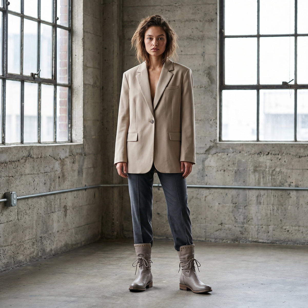 Grijze veterlaarzen met studs gedragen door vrouw in beige blazer | Boutique Moda