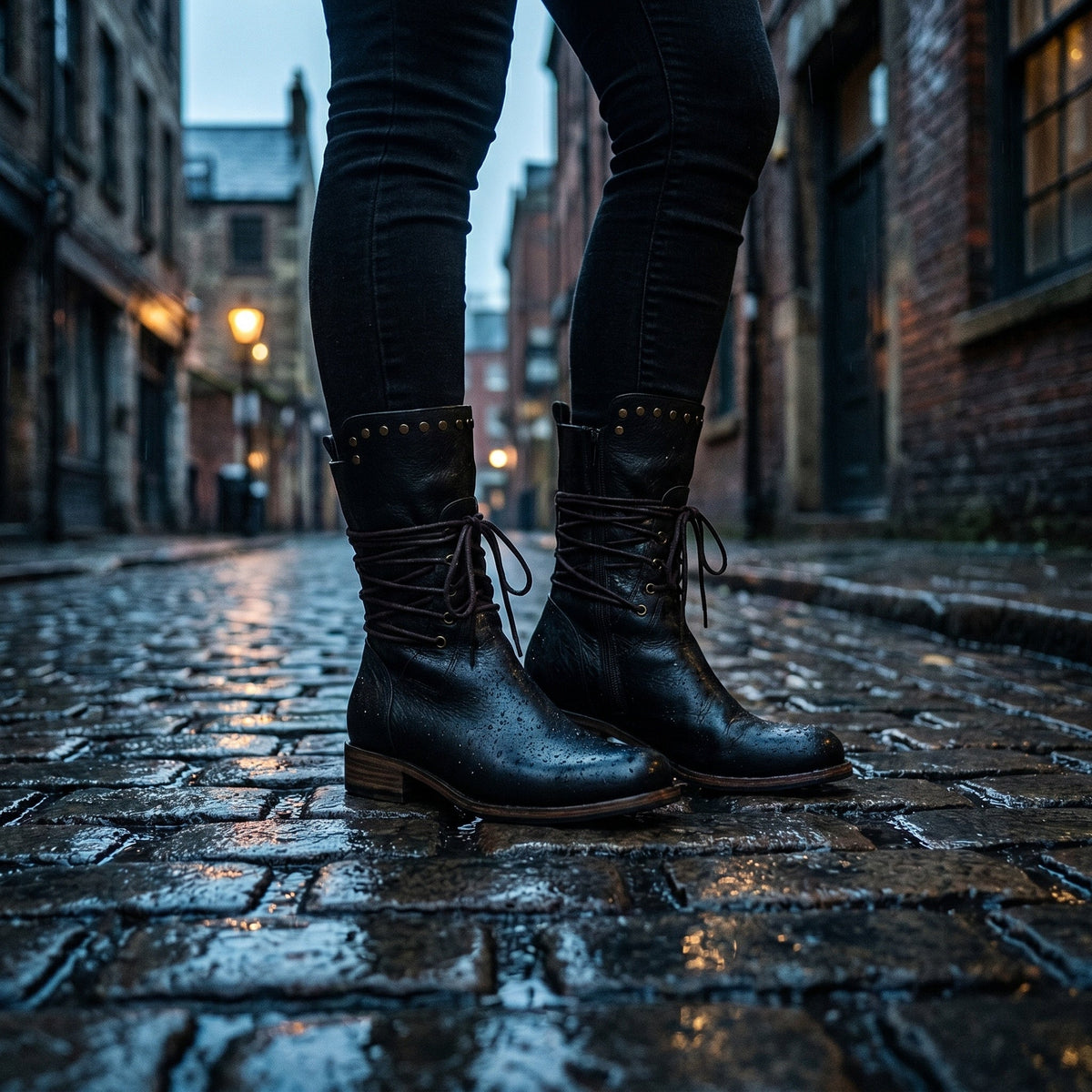 Zwarte halfhoge veterlaarzen met studs, gedragen op natte kasseistraat | Boutique Moda
