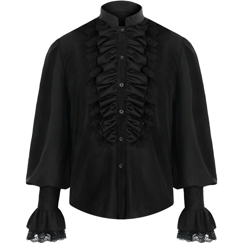 Zwart ruche overhemd met kanten details, los uitgestald zonder paspop | Boutique Moda