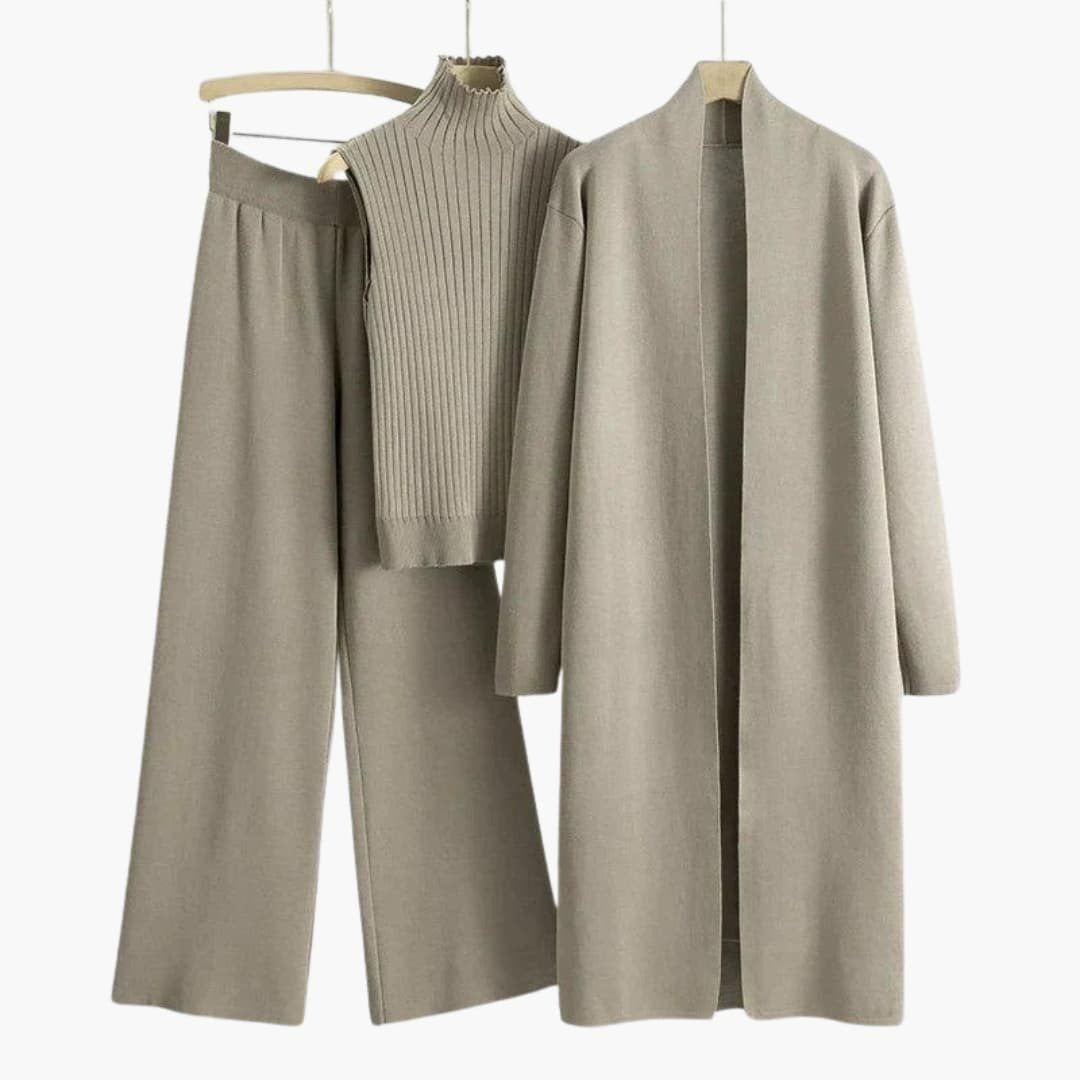 Gebreide Set Dames | 3-Delig | Lang Vest, Top en Wijde Broek-Boutique Moda