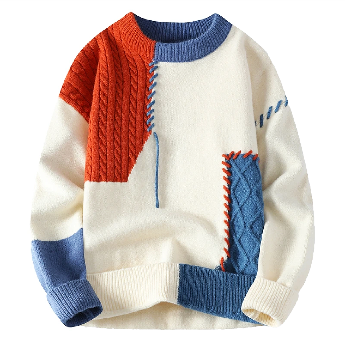 Crèmekleurige gebreide patchworktrui met oranje en blauwe kabelvlakken