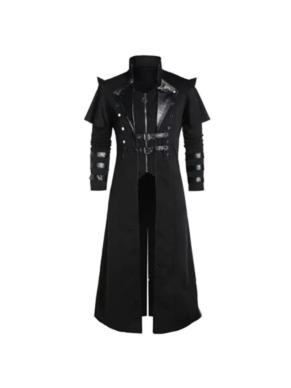 Zwarte gothic jas met gespriemen, voorkant