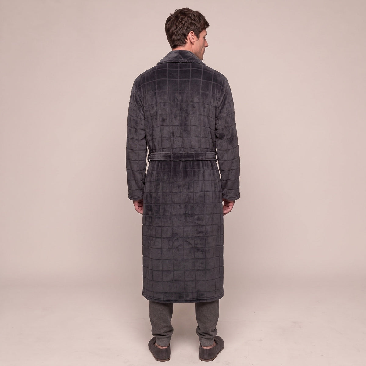 Geruite Fleece Badjas Heren | Lang | Donkergrijs