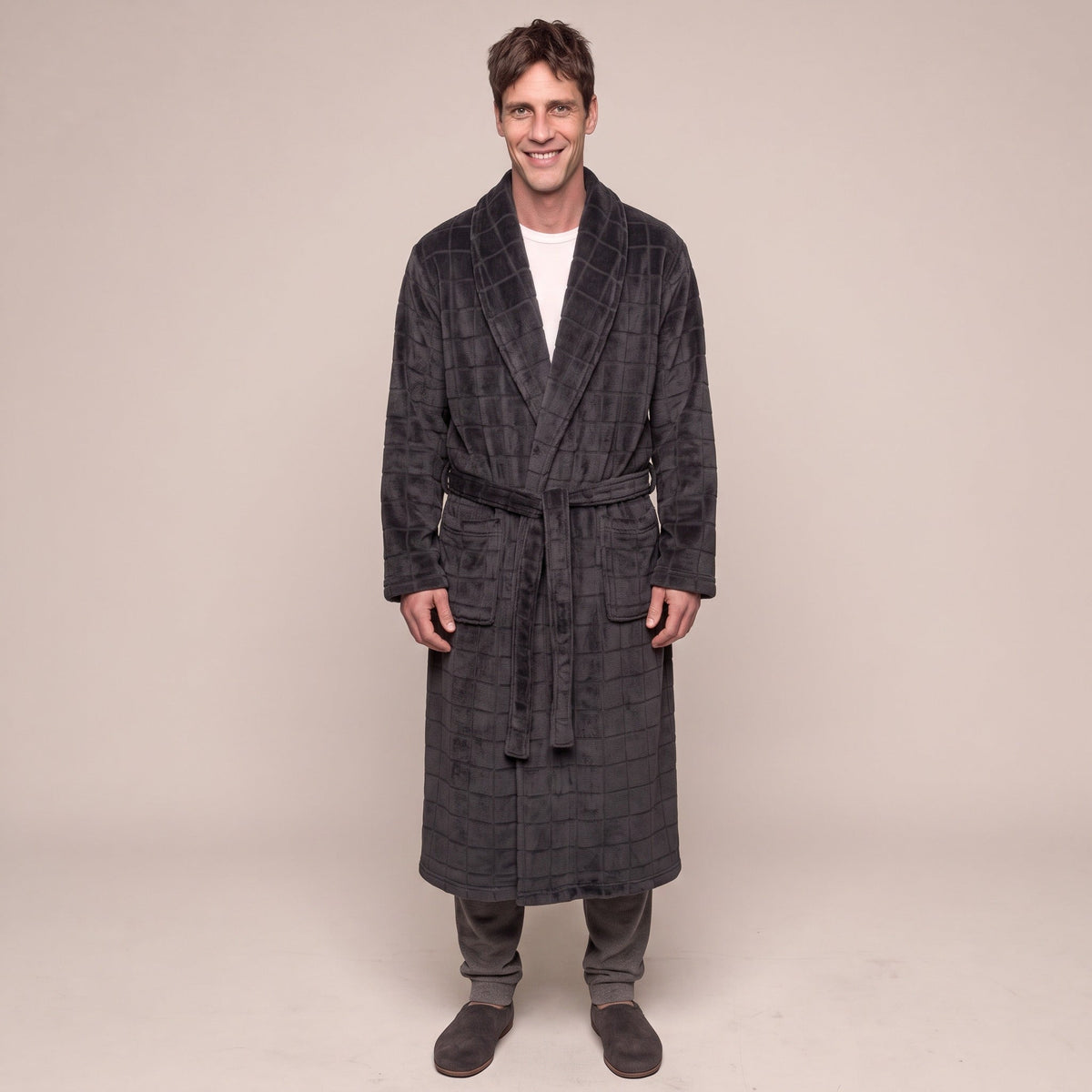 Geruite Fleece Badjas Heren | Lang | Donkergrijs