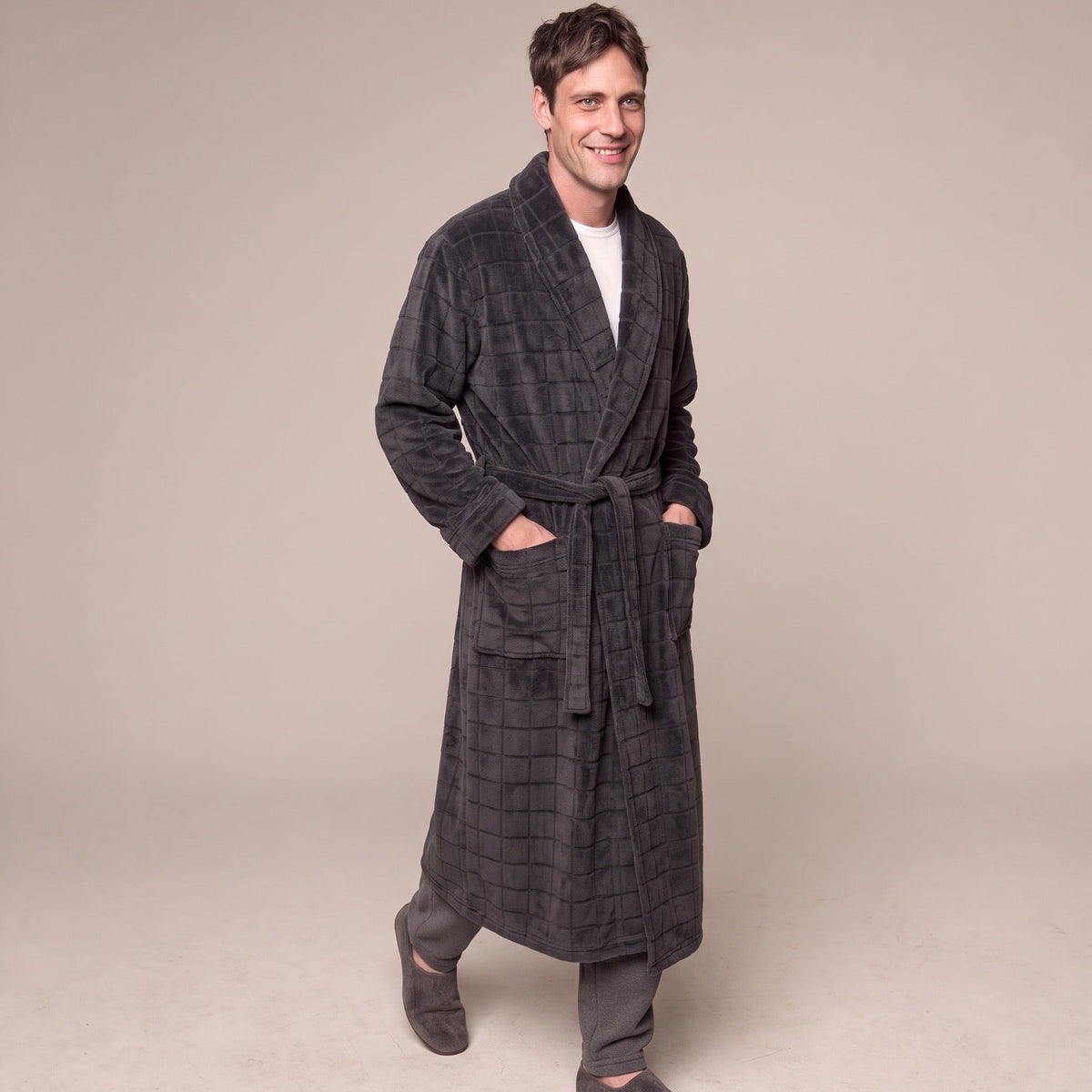 Geruite Fleece Badjas Heren | Lang | Donkergrijs