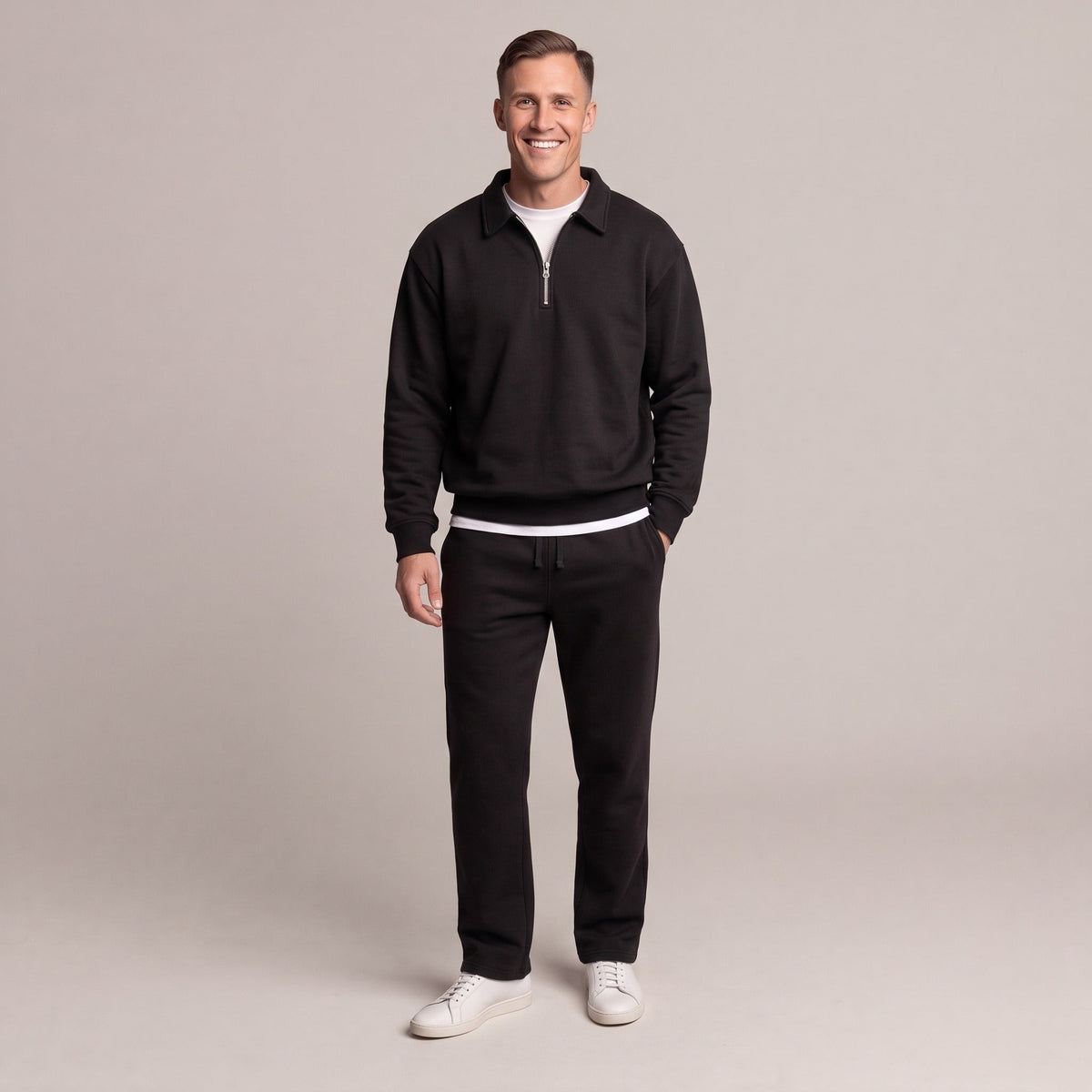 Joggingpak Heren met Kraag | Sweater met Korte Rits | Zwart