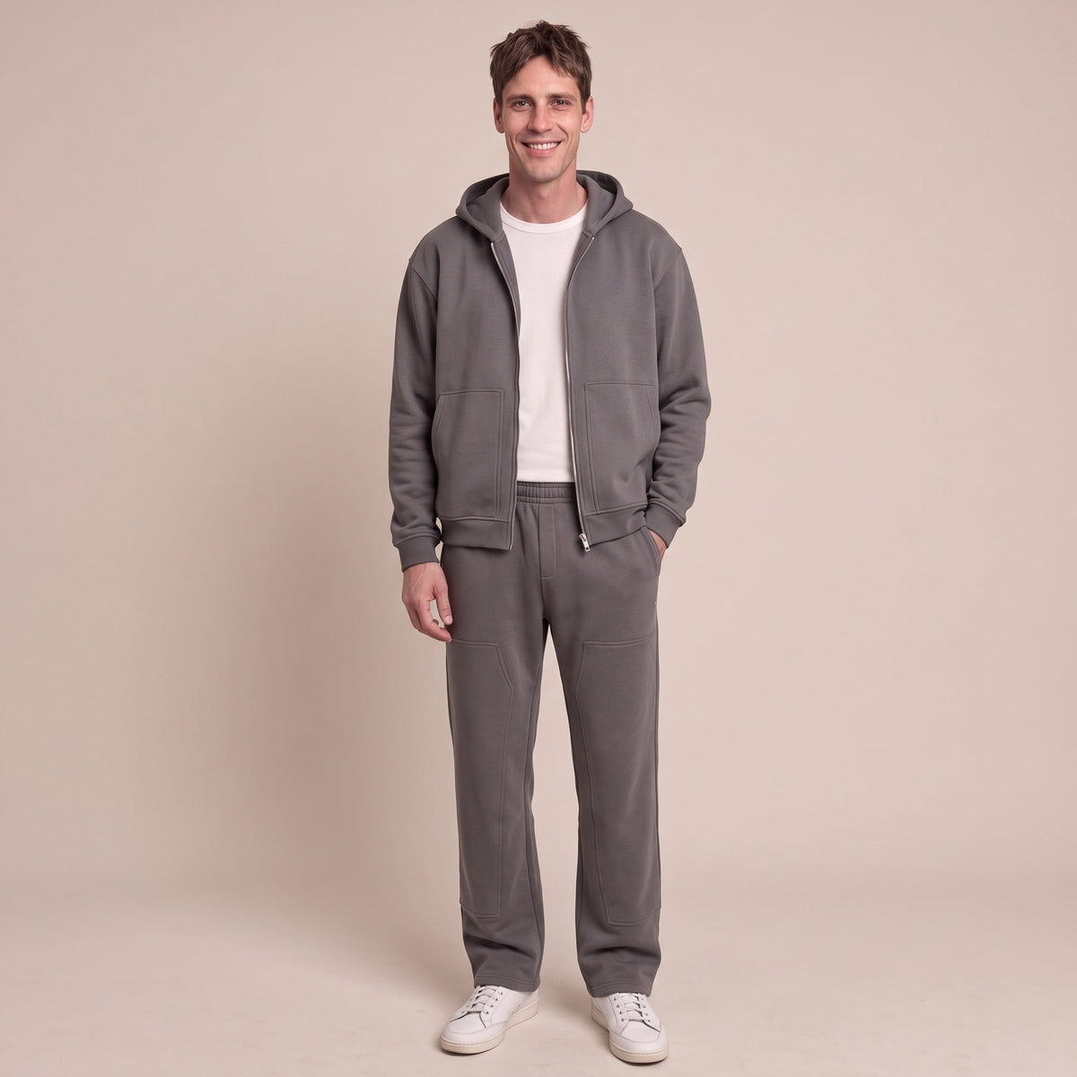 Joggingpak Heren met Carpenter Broek | Hoodie met Rits | Donkergrijs