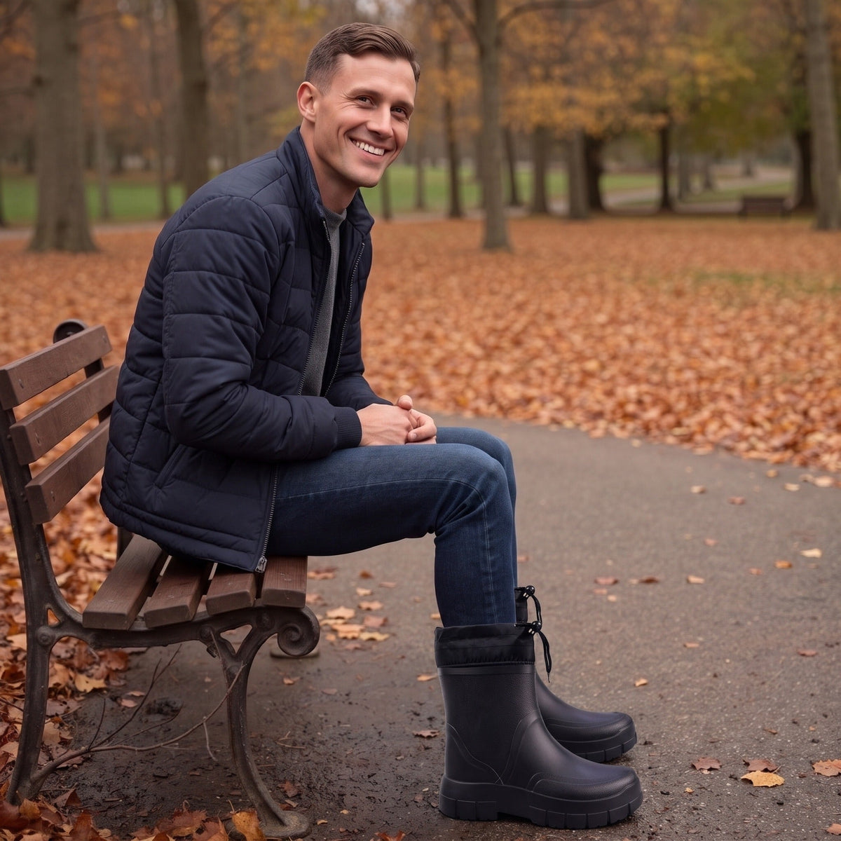 Man draagt zwarte regenlaarzen met trekkoord, zittend op bankje in park | Boutique Moda