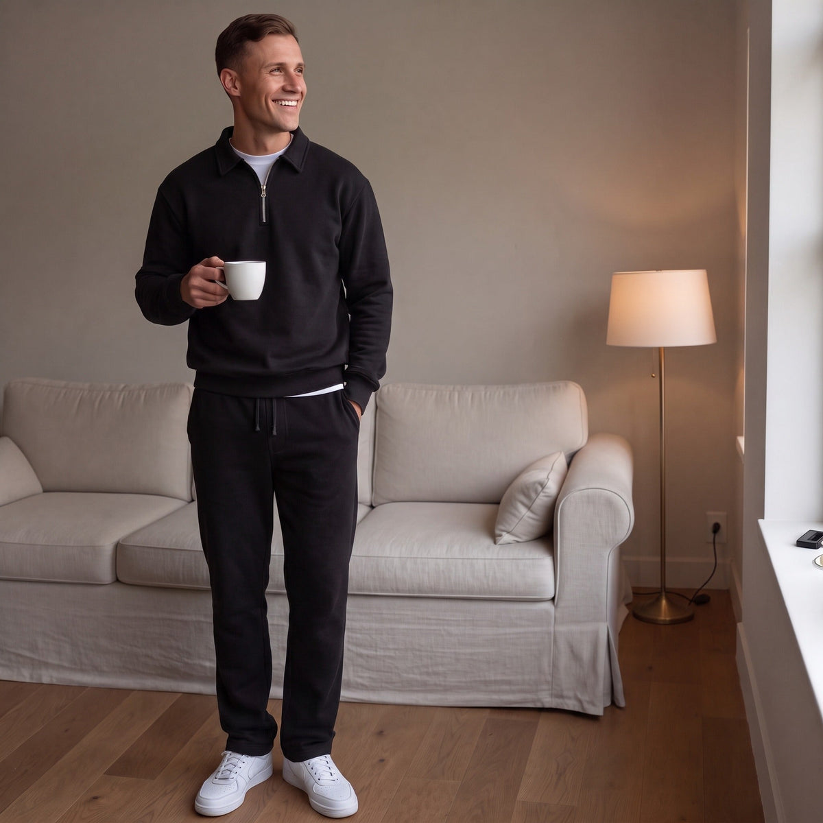 Joggingpak Heren met Kraag | Sweater met Korte Rits | Zwart