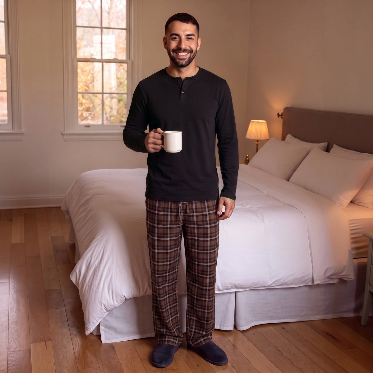 Henley Pyjama Heren | Extra Lang | Geruite Broek | Bruin