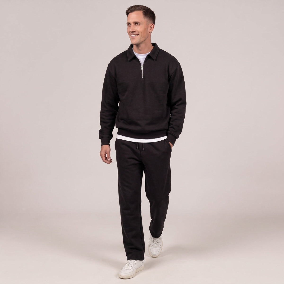 Joggingpak Heren met Kraag | Sweater met Korte Rits | Zwart