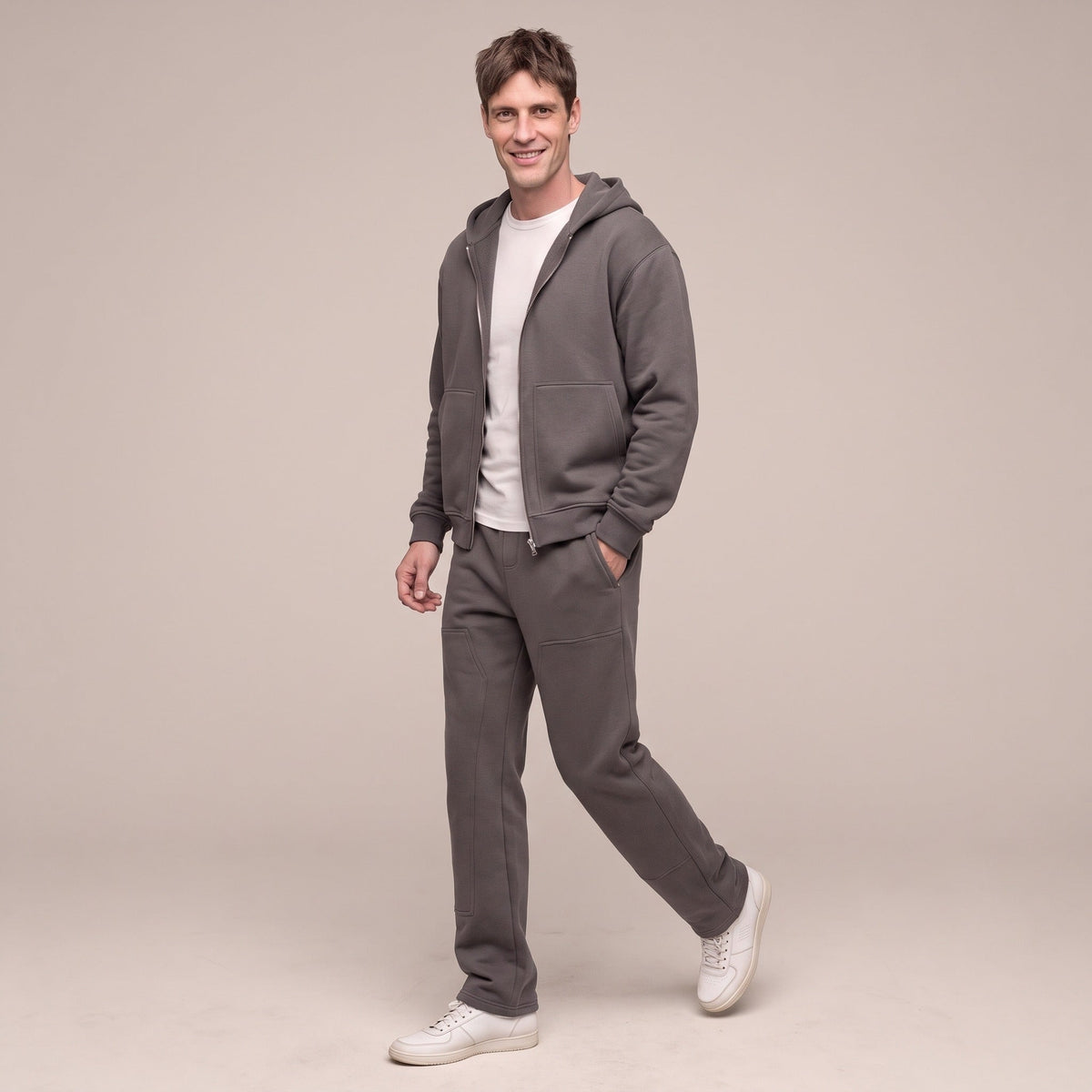 Joggingpak Heren met Carpenter Broek | Hoodie met Rits | Donkergrijs