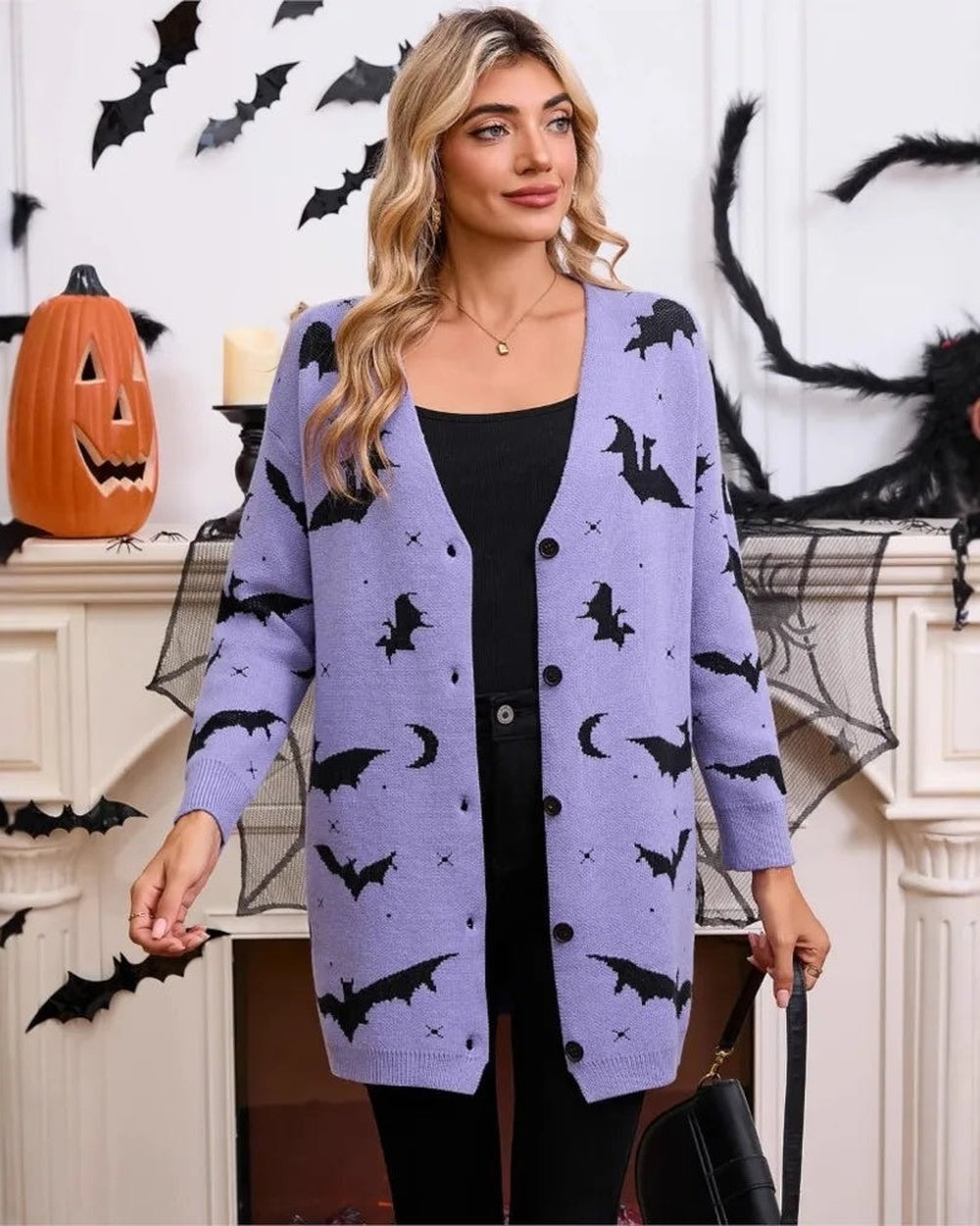 Paars Halloween vest met zwarte vleermuizen, voorkant