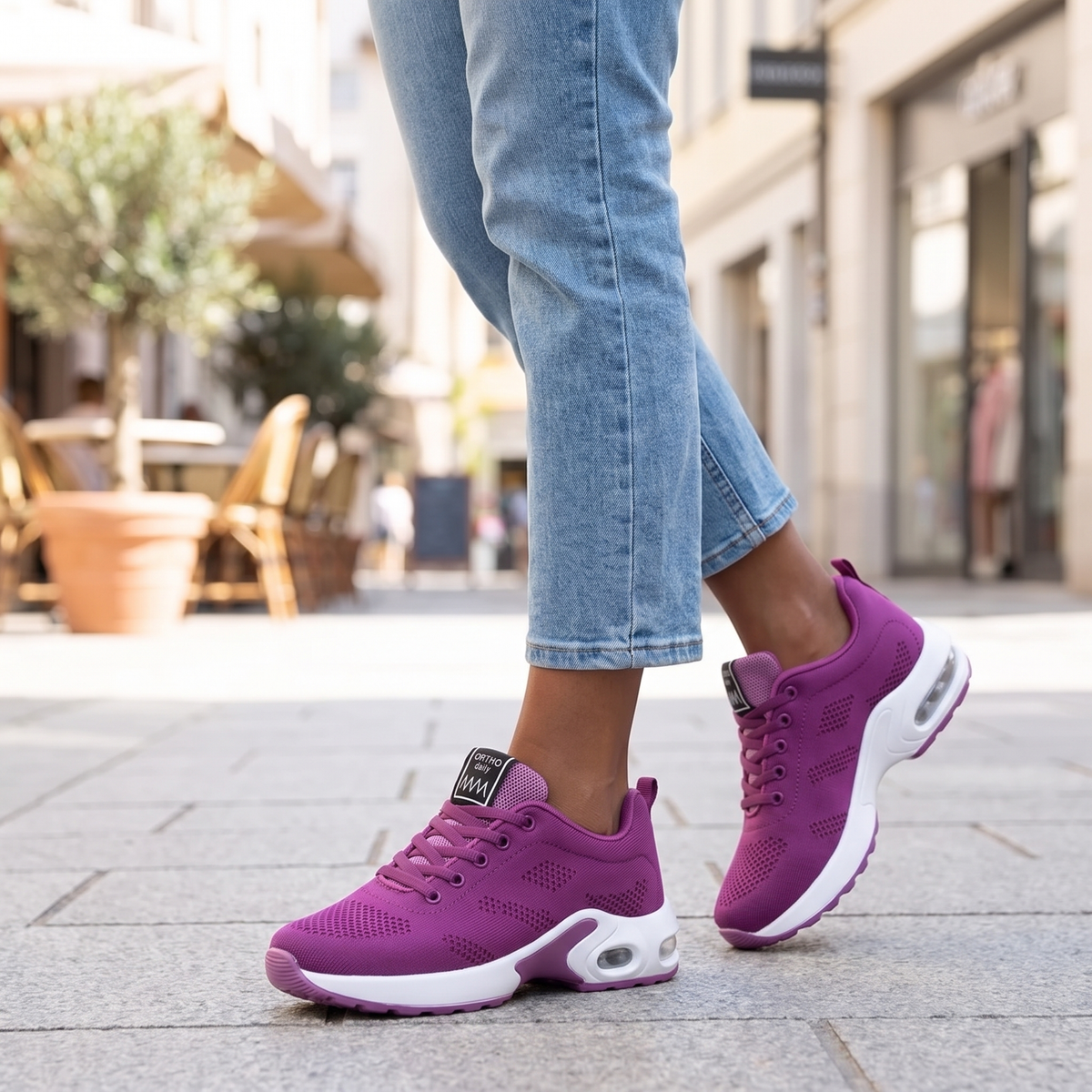 Paarse sneakers met witte zool, gedragen door vrouw op straat | Boutique Moda