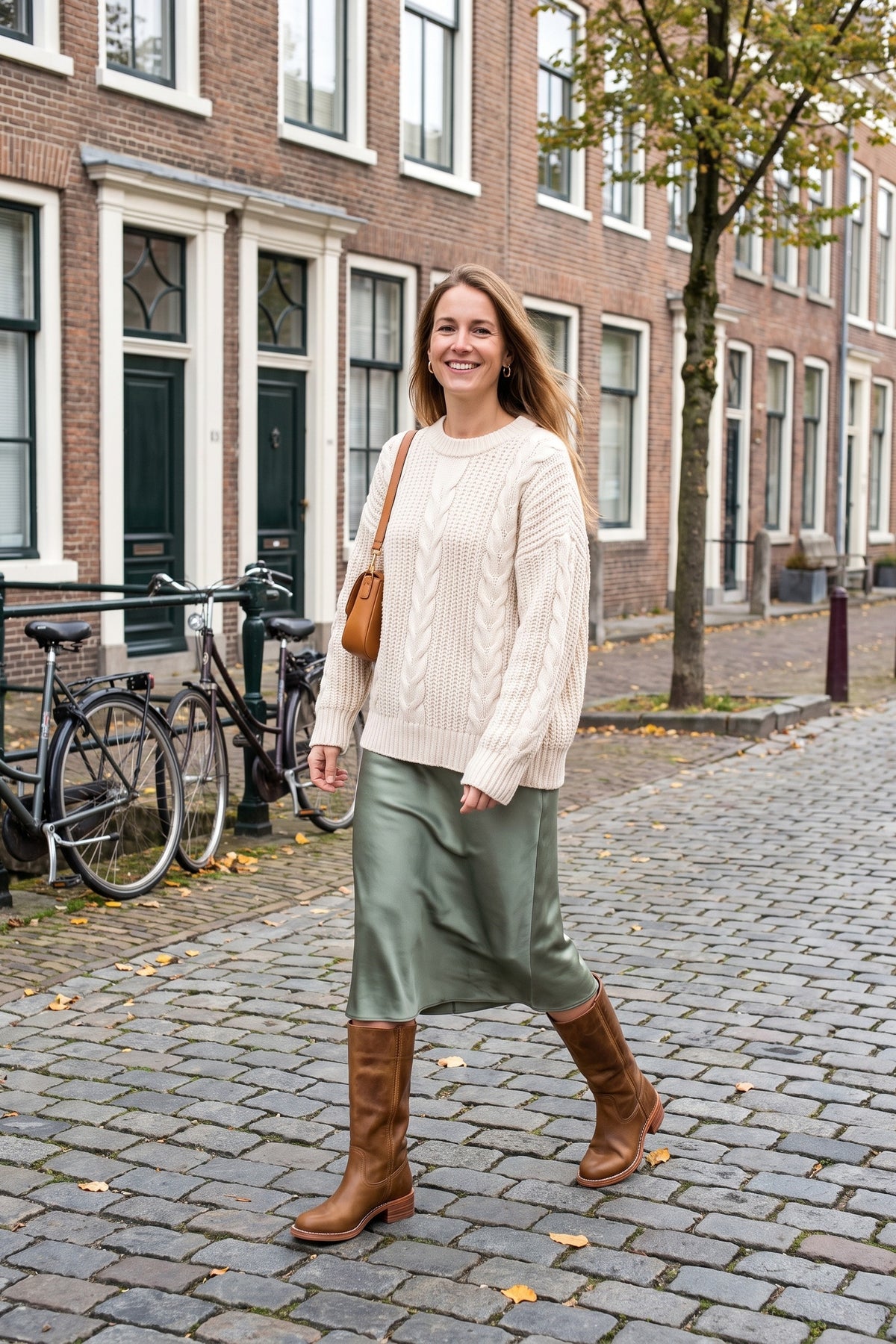 Bruine hoge laarzen gedragen door vrouw met beige trui en groene rok | Boutique Moda