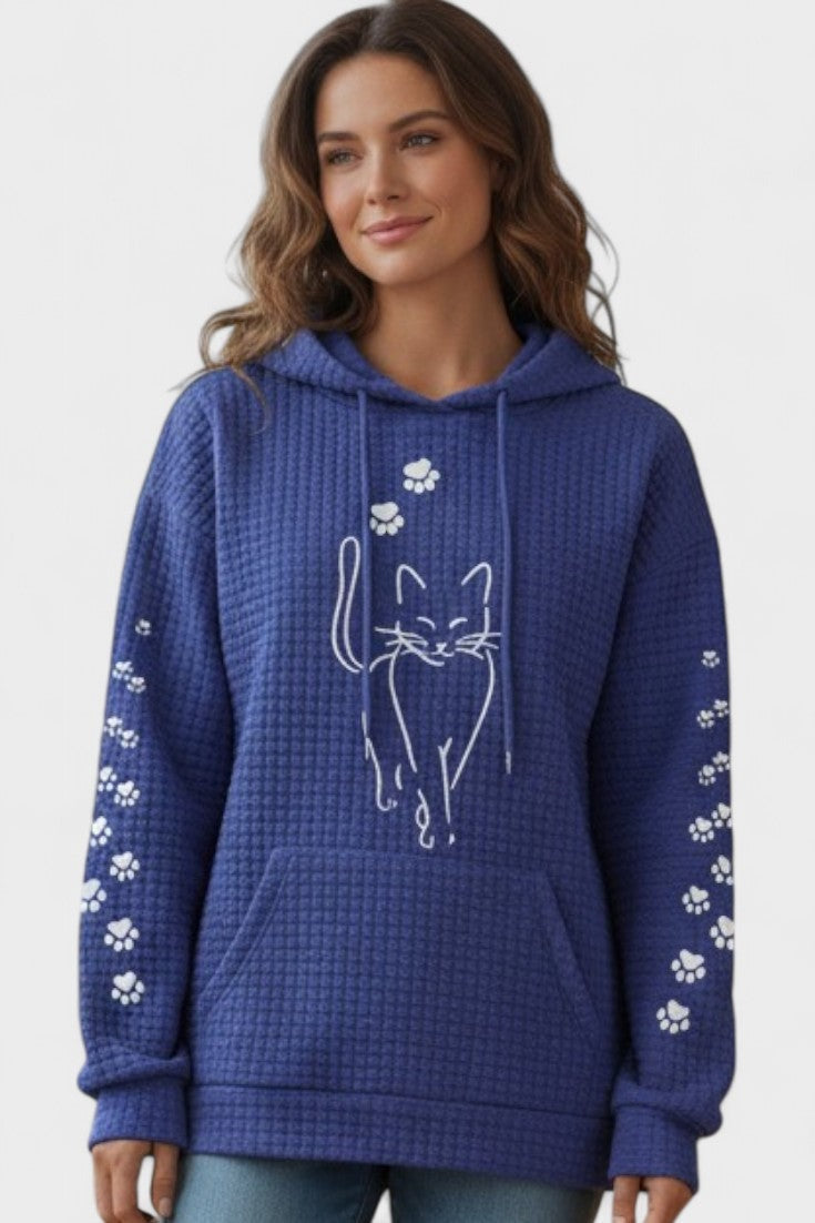 Marineblauwe hoodie met witte kattentekening en pootjes op de mouwen