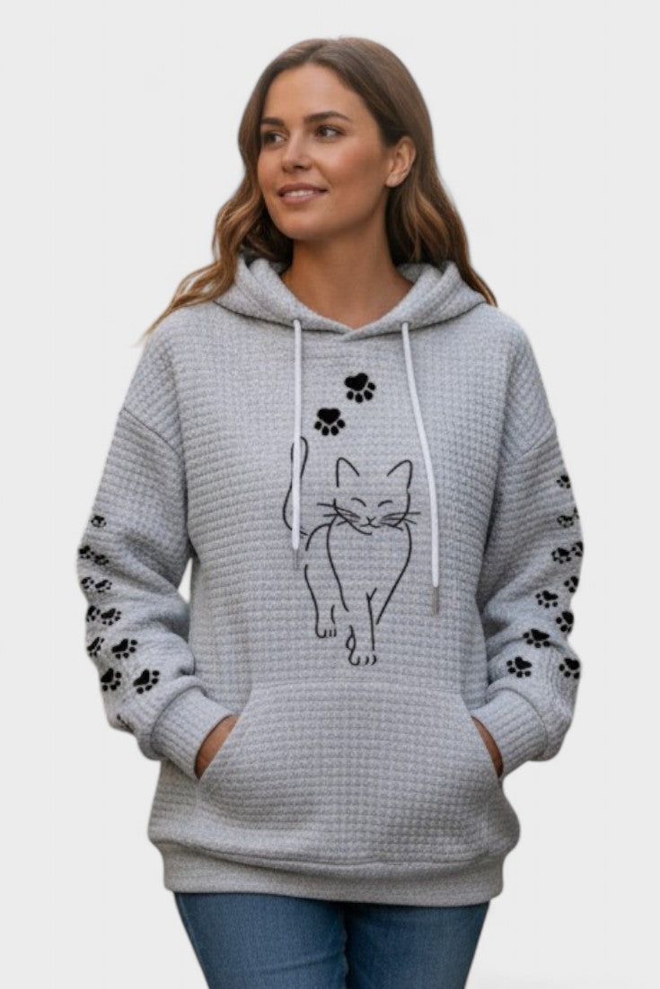 Grijze hoodie met wafelstructuur, zwarte kattenprint en kangoeroezak