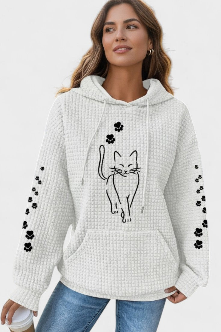 Witte hoodie met zwarte kattenprint en pootafdrukken