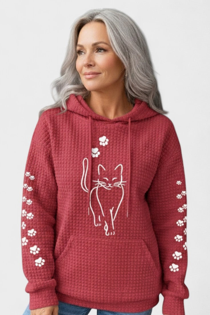 Rode hoodie met witte kattentekening en pootjes