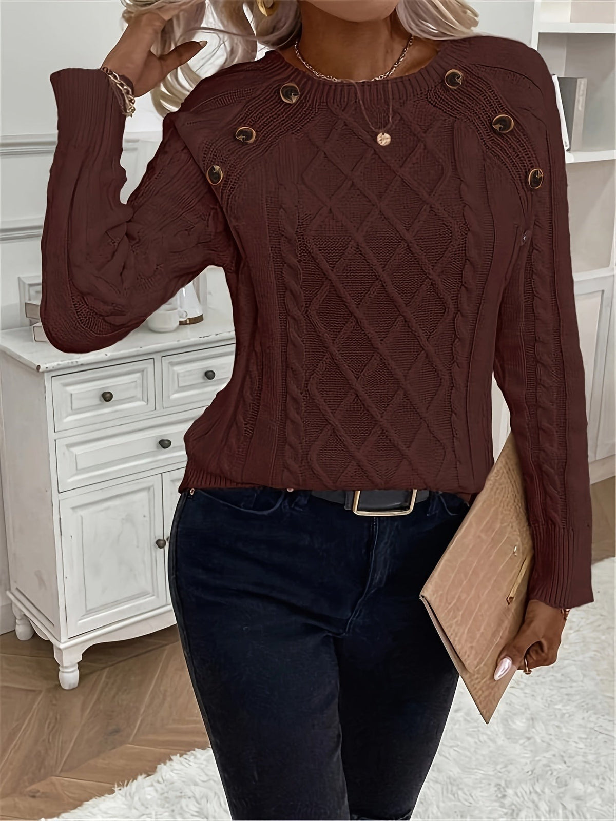 Kabeltrui Dames | Ronde Hals | Sierknopen op de Schouder | Raglanmouwen-Boutique Moda