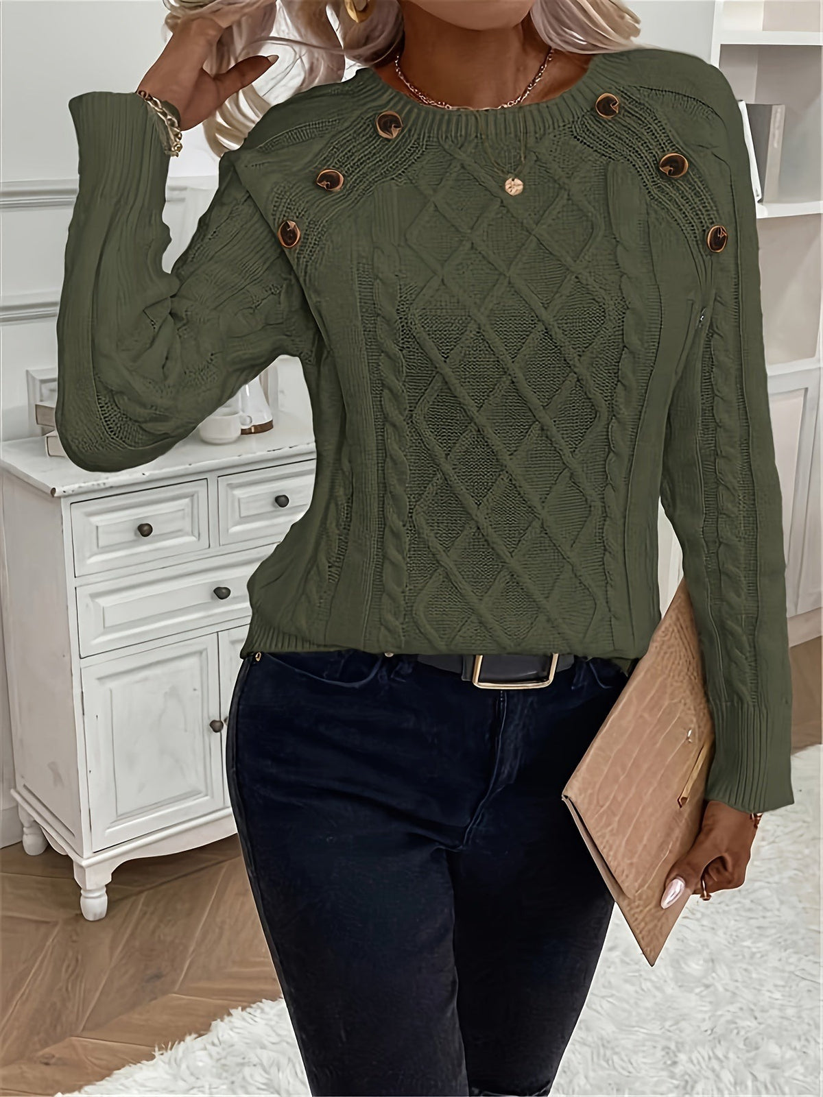 Kabeltrui Dames | Ronde Hals | Sierknopen op de Schouder | Raglanmouwen-Boutique Moda