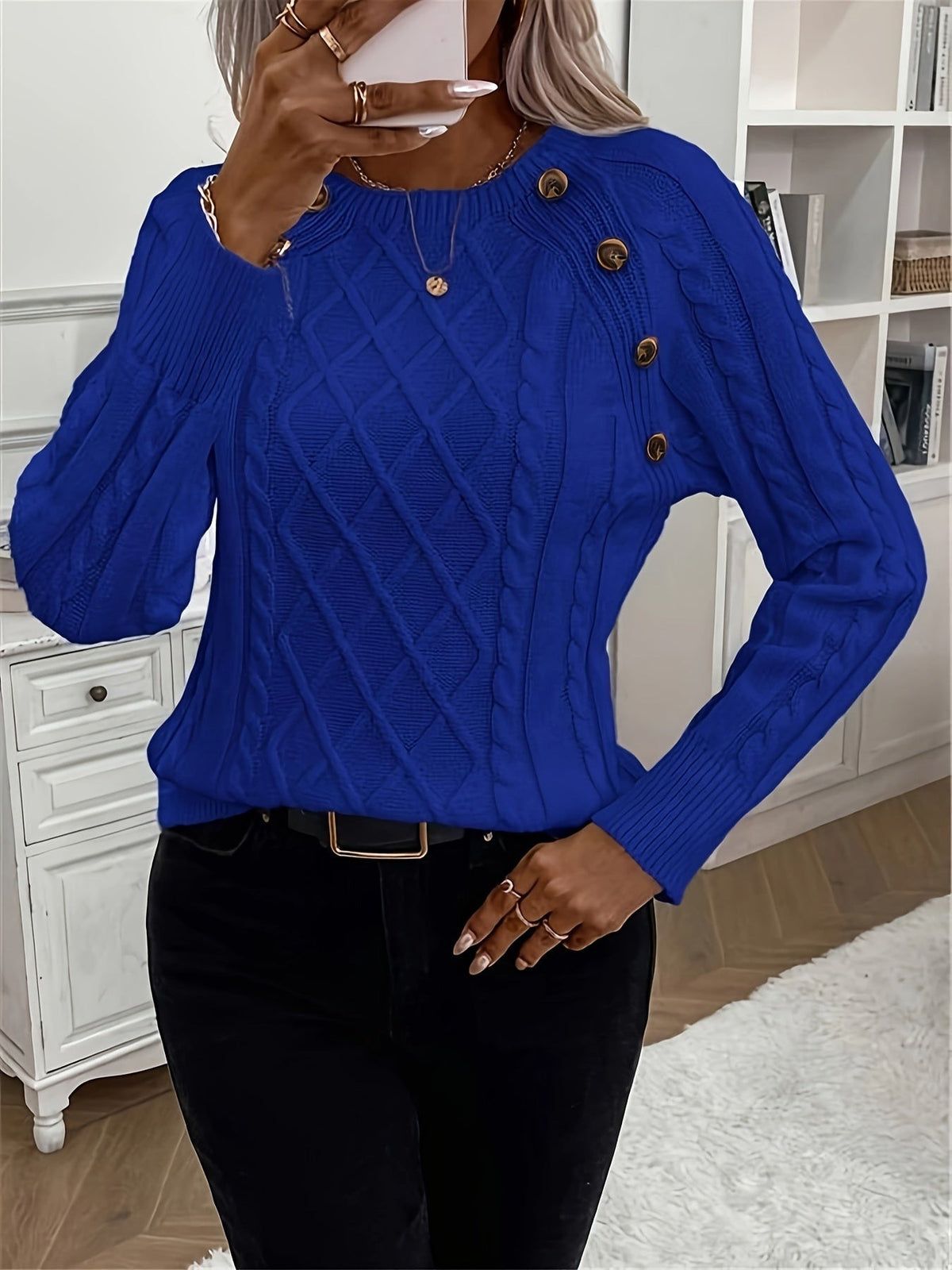 Kabeltrui Dames | Ronde Hals | Sierknopen op de Schouder | Raglanmouwen-Boutique Moda
