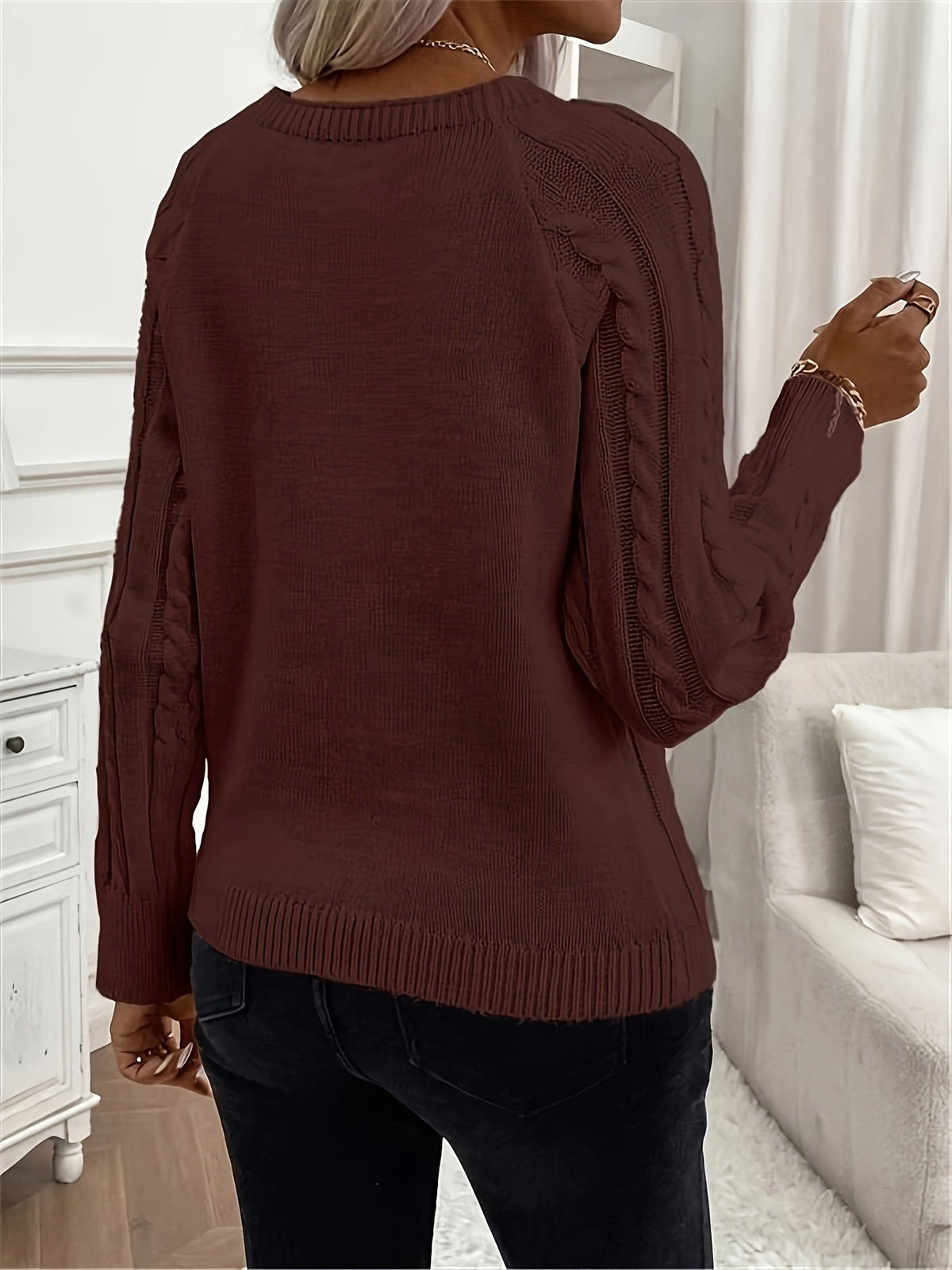 Kabeltrui Dames | Ronde Hals | Sierknopen op de Schouder | Raglanmouwen-Boutique Moda