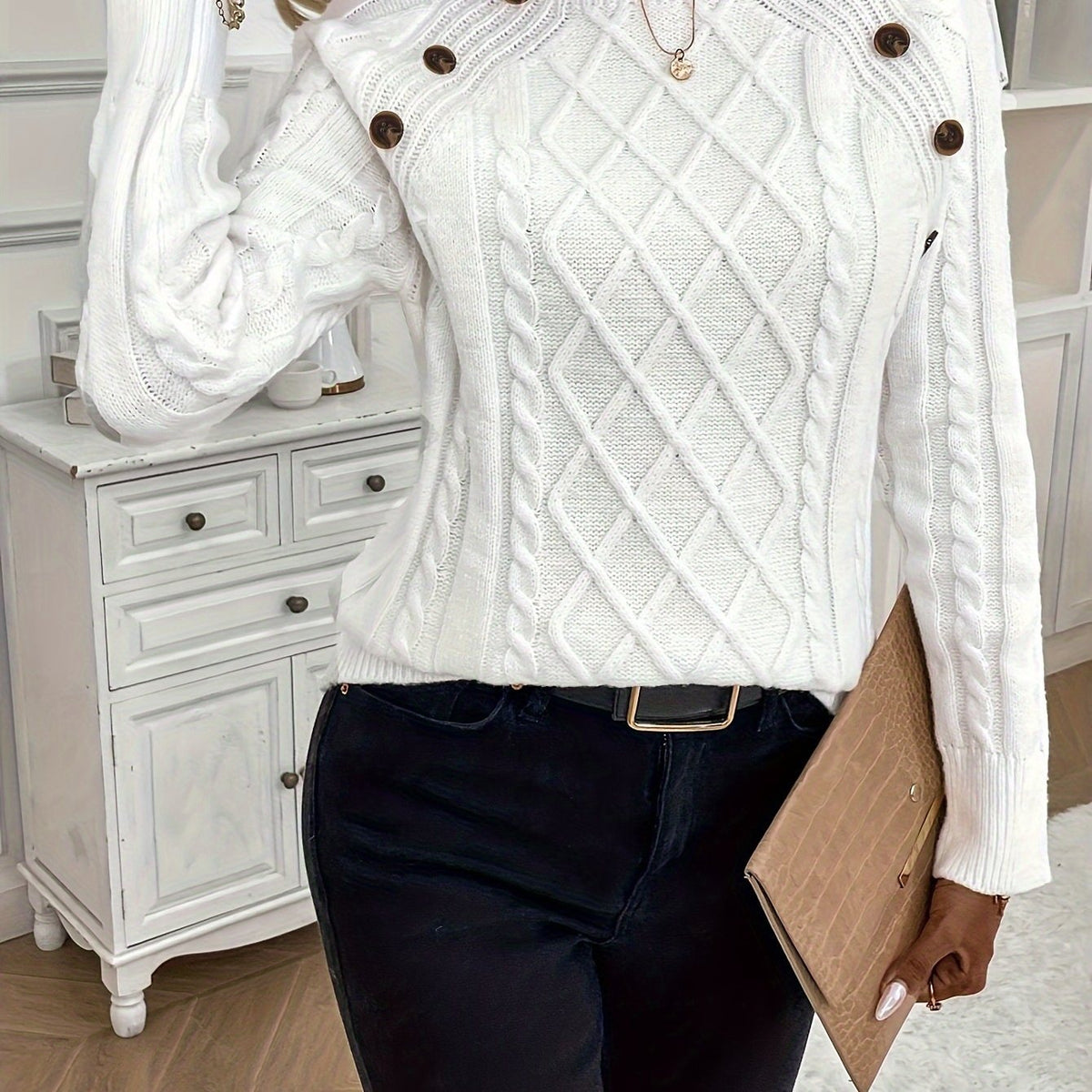 Kabeltrui Dames | Ronde Hals | Sierknopen op de Schouder | Raglanmouwen-Boutique Moda