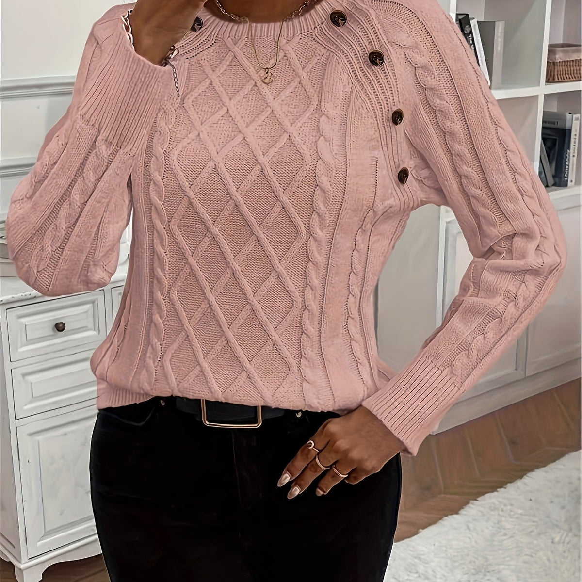 Kabeltrui Dames | Ronde Hals | Sierknopen op de Schouder | Raglanmouwen-Boutique Moda