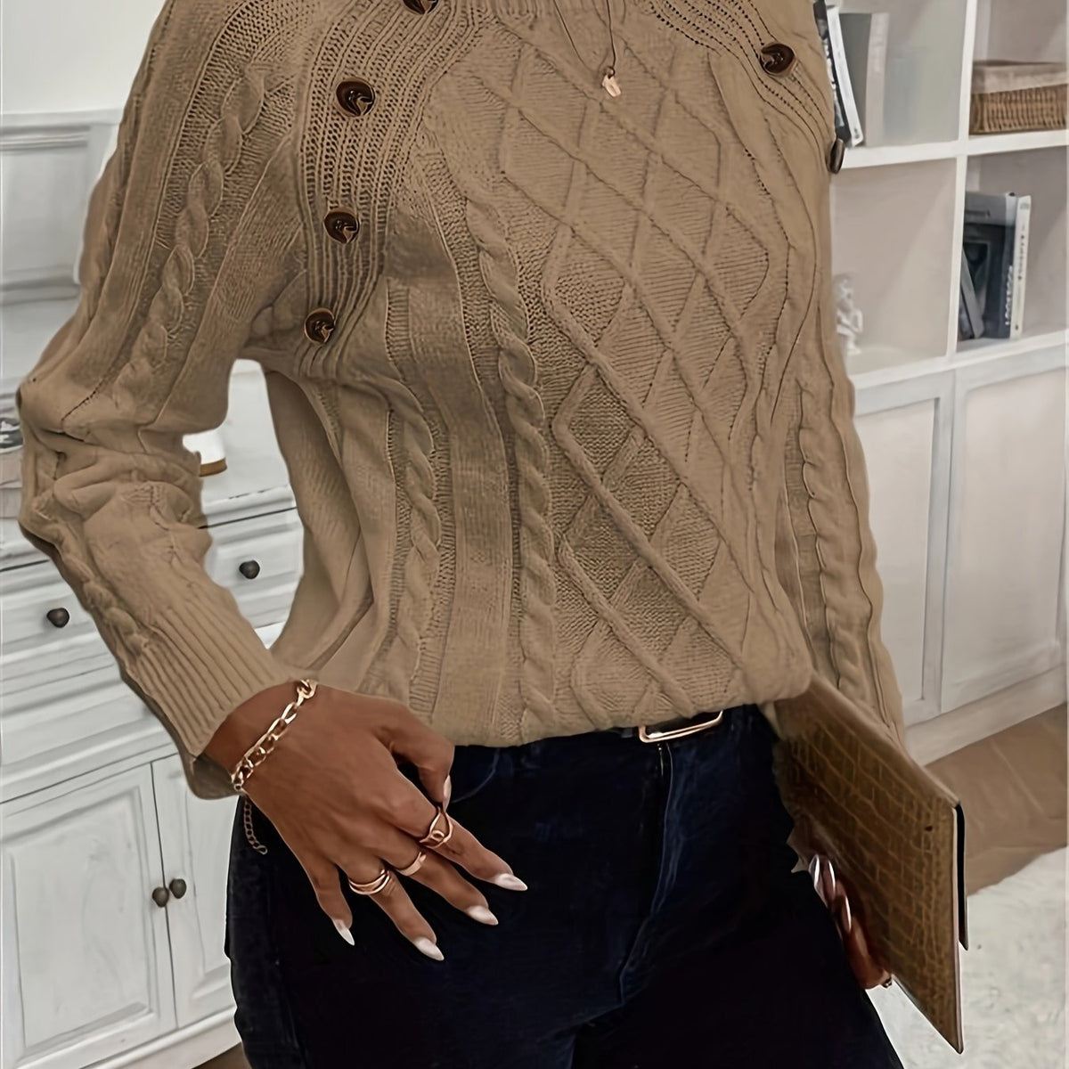 Kabeltrui Dames | Ronde Hals | Sierknopen op de Schouder | Raglanmouwen-Boutique Moda
