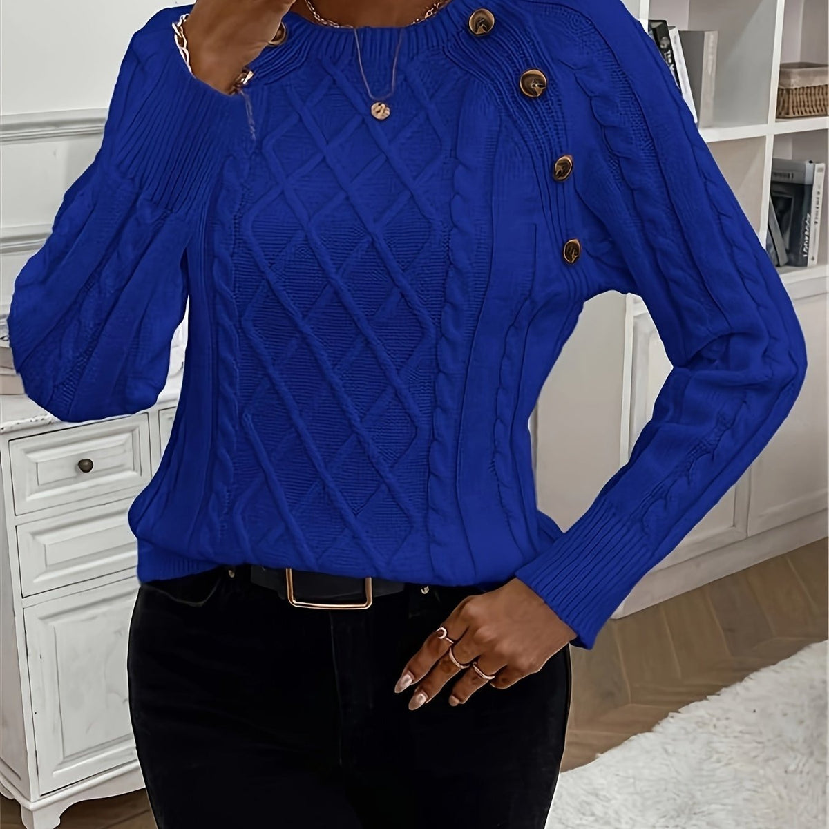 Kabeltrui Dames | Ronde Hals | Sierknopen op de Schouder | Raglanmouwen-Boutique Moda