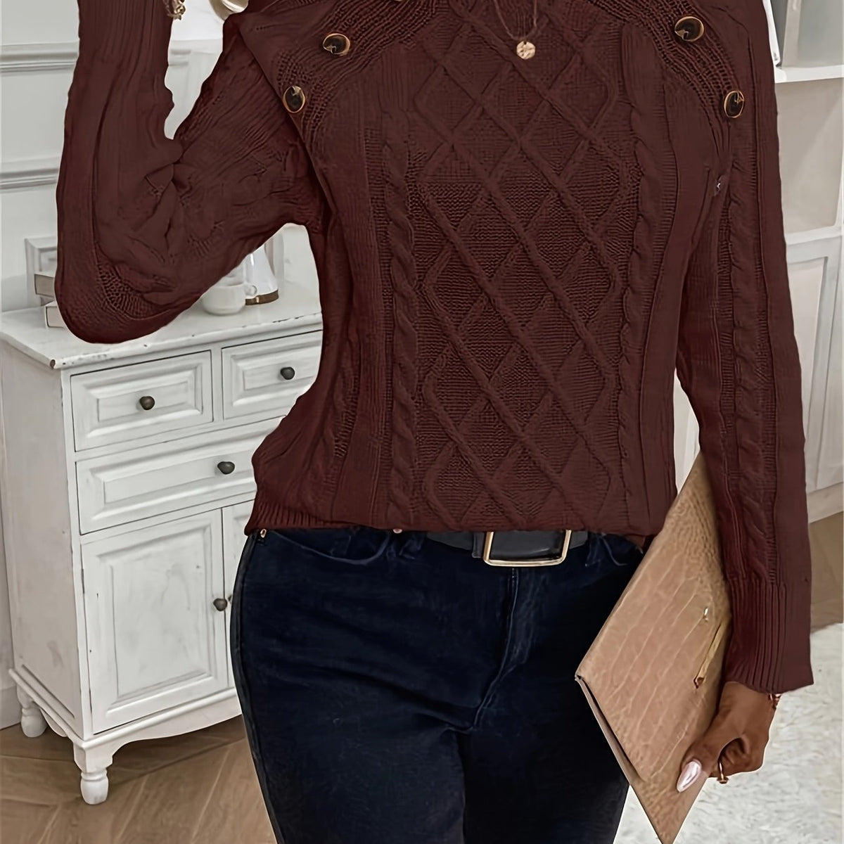 Kabeltrui Dames | Ronde Hals | Sierknopen op de Schouder | Raglanmouwen-Boutique Moda